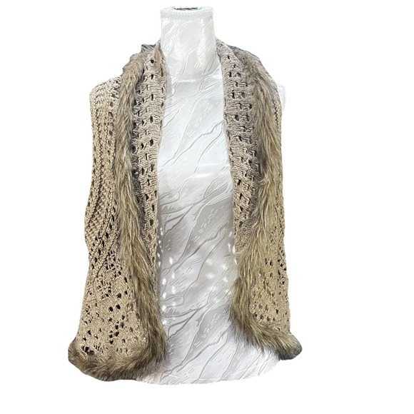 APT 9 Jackets & Blazers - Crochet Vest Sz L Wool Blend Faux Fur Trim Mid-Length Hippie Boho Rustic Casual